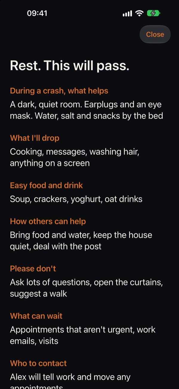 Crash mode: the crash plan in large, calm text