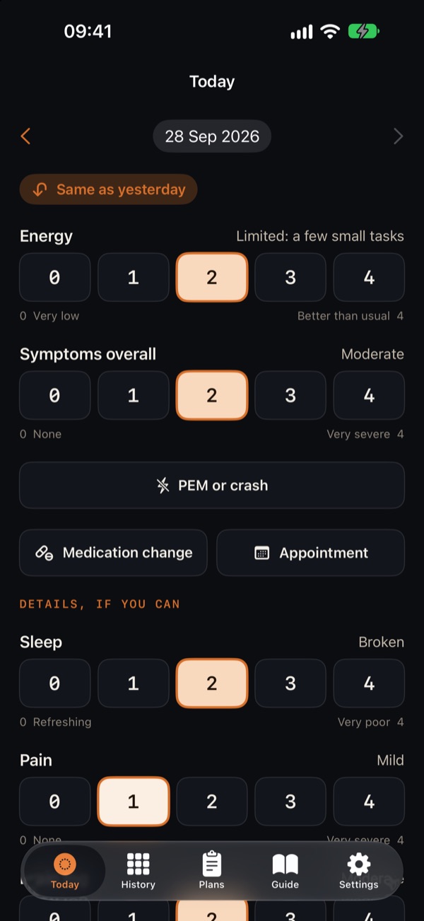 The daily check-in: energy, symptoms and details on simple 0 to 4 scales